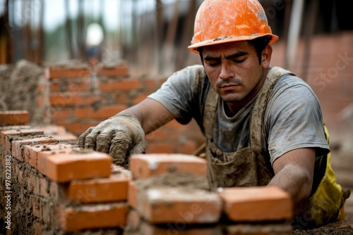 Dedicated mason skillfully constructs brick wall at construction site