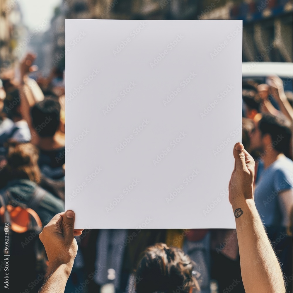Blank mockup of a bold and eyecatching flyer for a political rally or campaign event, someones hand holding empty poster in crowd surrounding Blank mockup of a bold and eyecatching flyer for a political rally or campaign event, someones hand holding empty poster in crowd surrounding