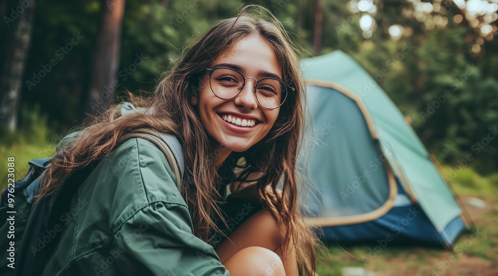 Happy Young Woman Smiling by Tent at Forest Campsite on Summer Day Happy Young Woman Smiling by Tent at Forest Campsite on Summer Day