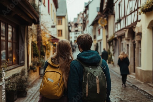 Couple exploring charming european village on a cobblestone street