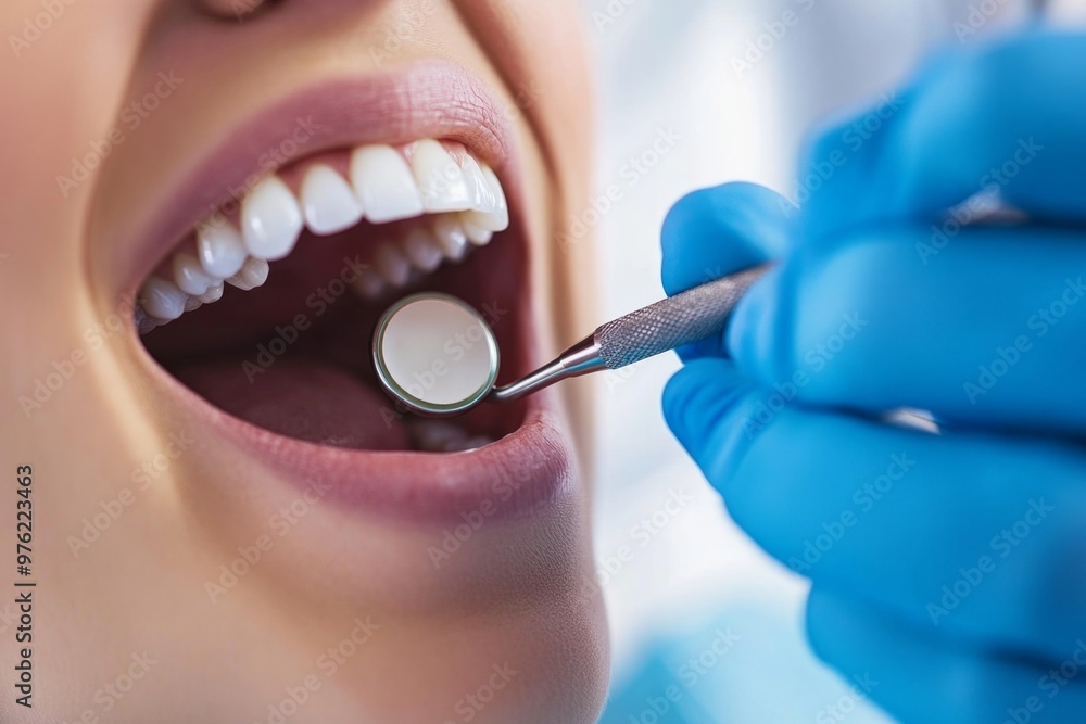 Obraz premium Dental checkup close-up: open mouth exam with mirror and blue gloves