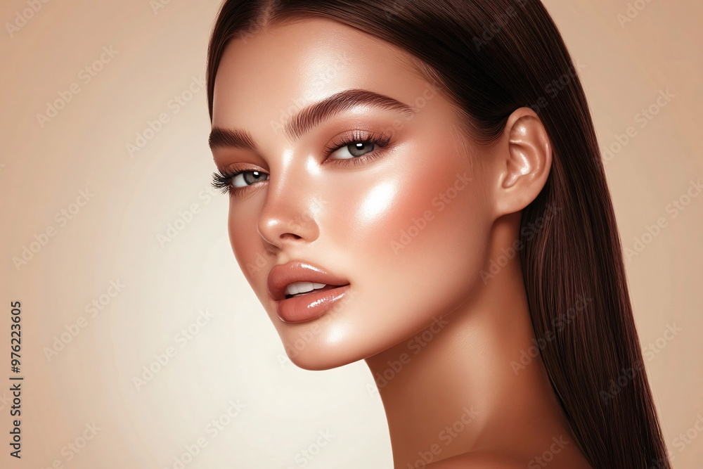 Naklejka premium A close-up portrait of a woman with flawless, glowing skin, glossy lips, and sleek, straight brown hair, set against a soft beige background, emphasizing beauty and elegance