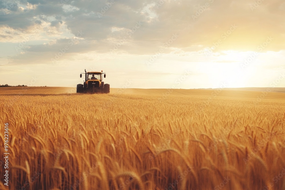 Naklejka premium Tractor harvesting wheat at sunset on a golden farm field under a cloudy sky
