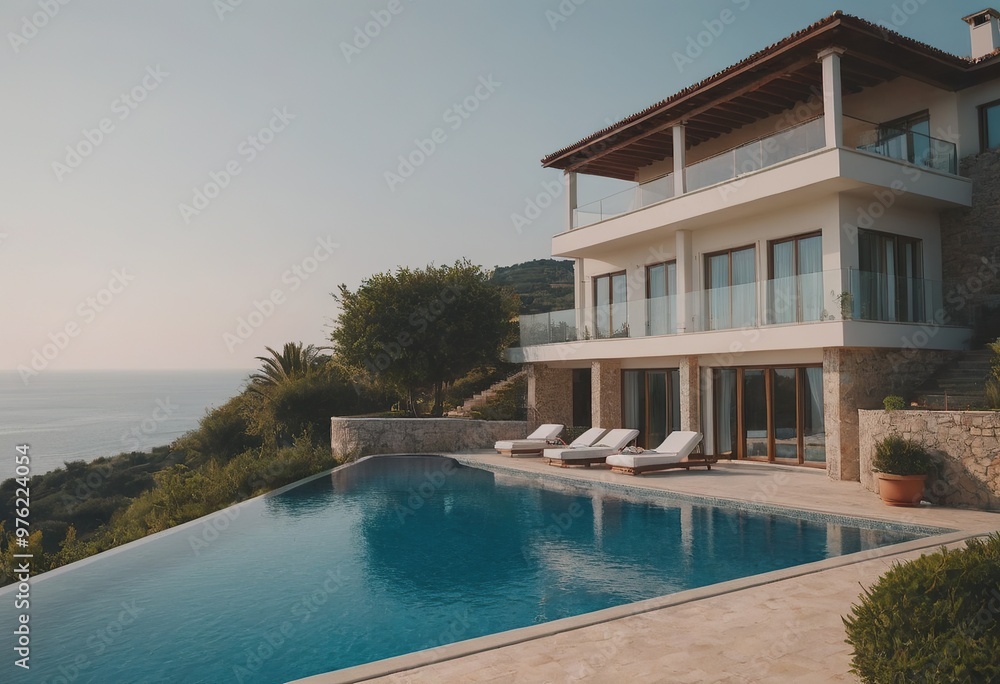 A beautiful white house with a refreshing pool in front A beautiful white house with a refreshing pool in front