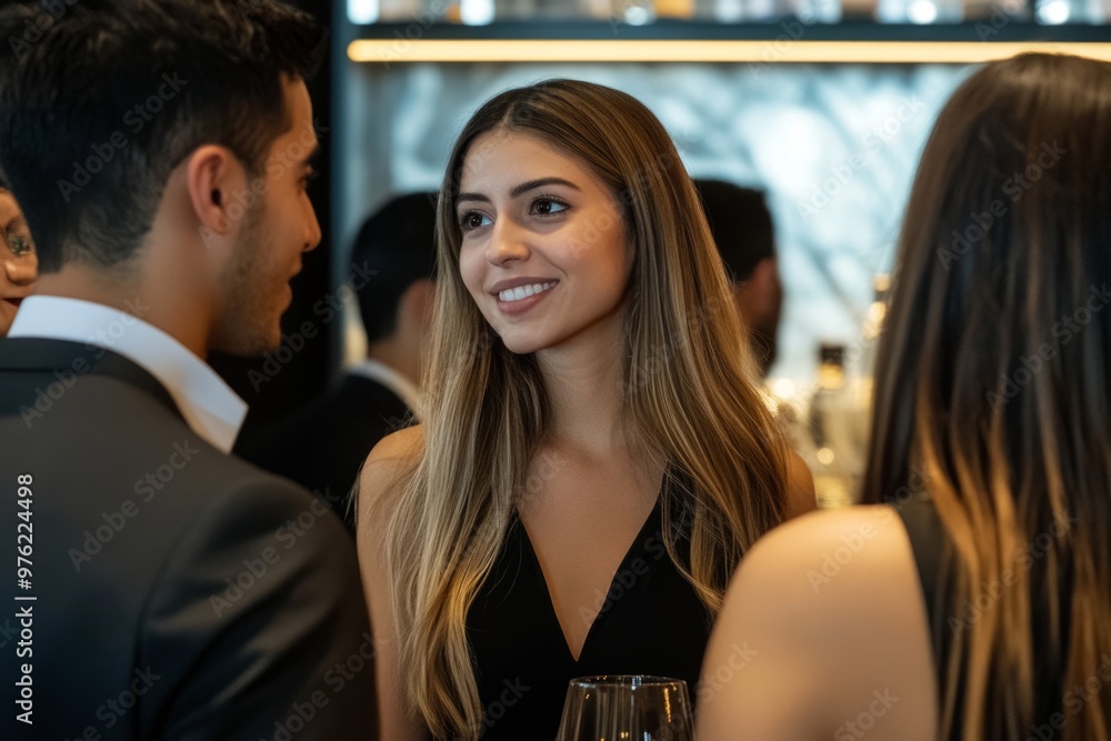 Elegant social gathering: smiling woman engages at classy evening event Elegant social gathering: smiling woman engages at classy evening event