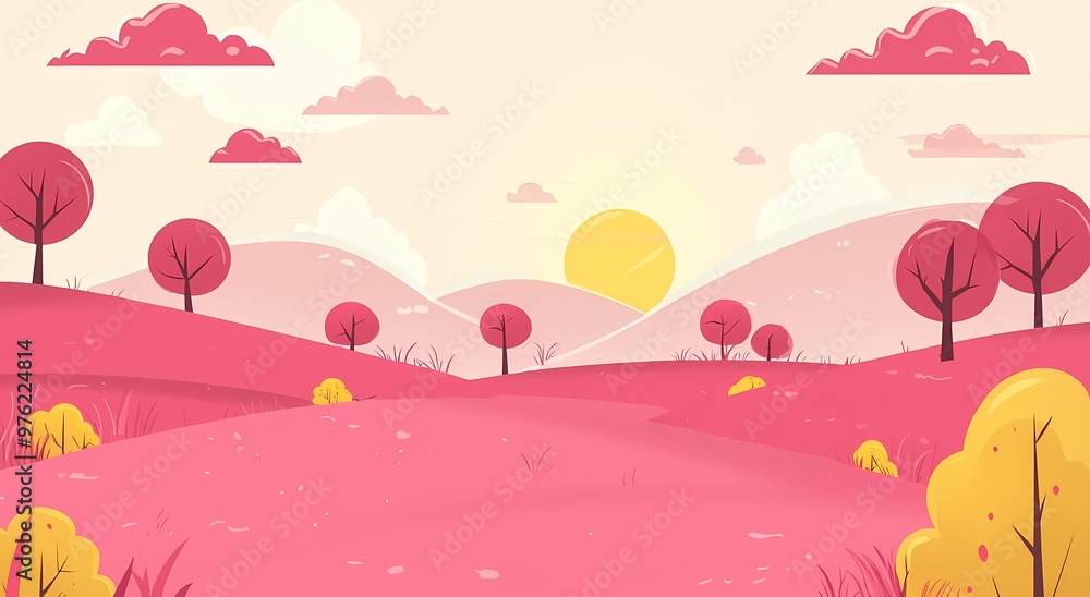 A vibrant pink landscape with whimsical trees and a charming sunset. A vibrant pink landscape with whimsical trees and a charming sunset.