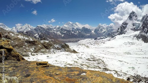 Panoramic view from Renjo La mountain pass on snowy valley with Gokyo lake and village and Everest and Lhotse mountains in the background. Time lapse video. Extreme terrain landscapes theme.