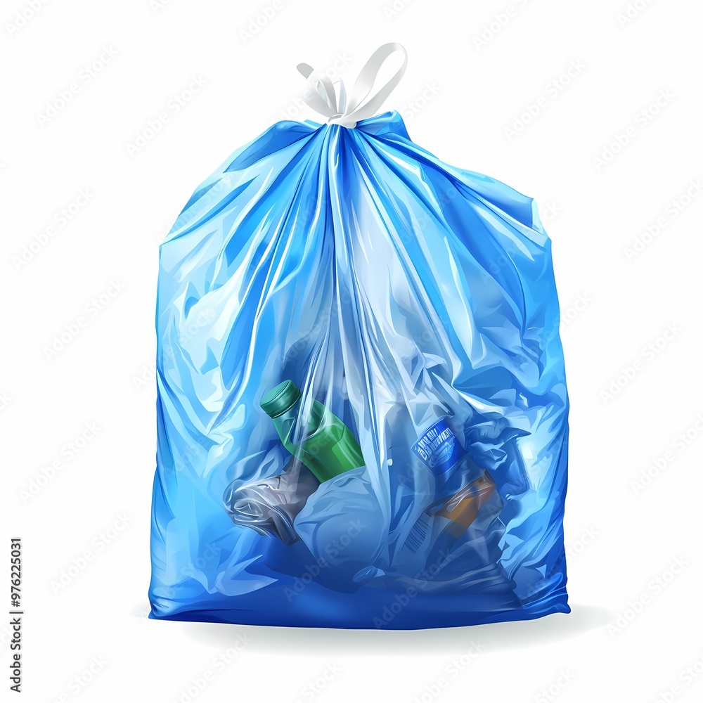 Fototapeta premium Colorful blue trash bag filled with various recyclable items.
