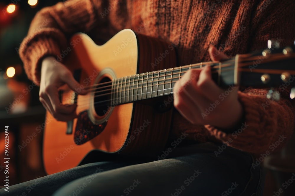 Obraz premium Cozy evening acoustic guitar playing by the fireplace