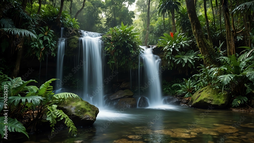 Tropical rainforest waterfall in a jungle setting. Tropical rainforest waterfall in a jungle setting.