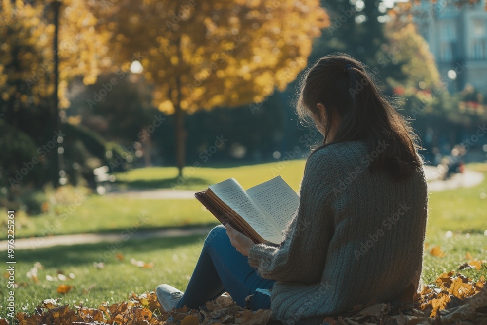 Autumn serenity: woman reading outdoors in lush park with golden leaves Autumn serenity: woman reading outdoors in lush park with golden leaves