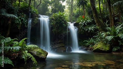 Tropical rainforest waterfall in a jungle setting.