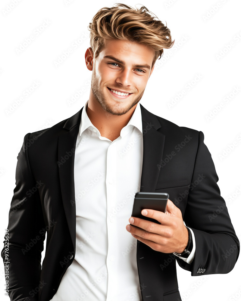 businessman holding a mobile phone isolated on transparent background businessman holding a mobile phone isolated on transparent background