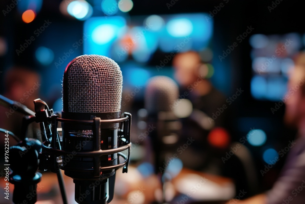 Close-up of microphone in vibrant podcast studio environment Close-up of microphone in vibrant podcast studio environment
