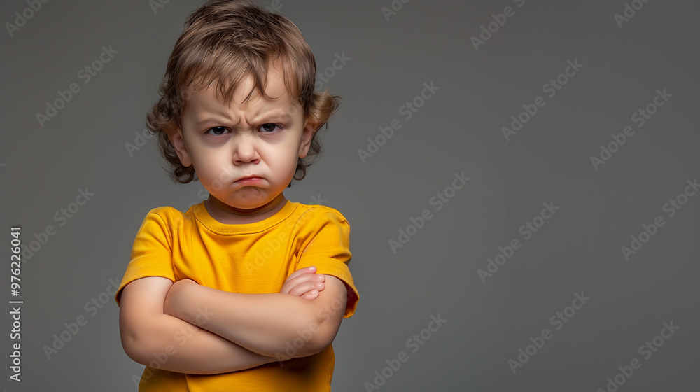 A furious three-year-old boy in yellow t-shirt crossing his arms across his chest, glaring grimly. Isolated on a grey background. Place for text. A furious three-year-old boy in yellow t-shirt crossing his arms across his chest, glaring grimly. Isolated on a grey background. Place for text.