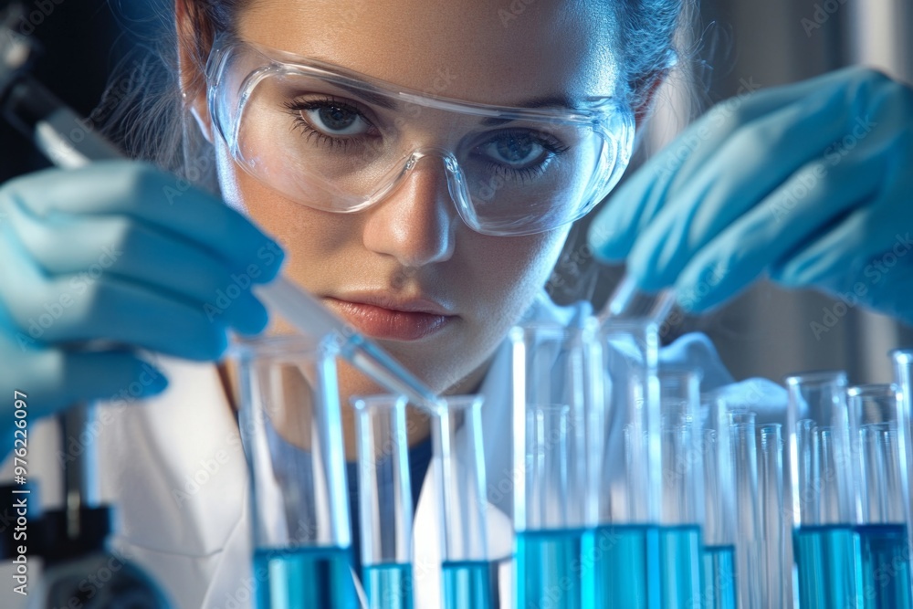 Focused scientist conducting experiments with blue liquids in laboratory Focused scientist conducting experiments with blue liquids in laboratory