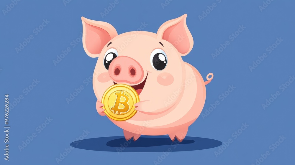 A cute cartoon piggy bank holding a bitcoin coin. A cute cartoon piggy bank holding a bitcoin coin.