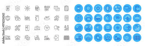 Smartphone clean, Search and Faq line icons pack. Star, Time management, Refrigerator web icon. Electric bike, Calendar, Award app pictogram. Storage, Cut ribbon, Call center. Vr. Vector