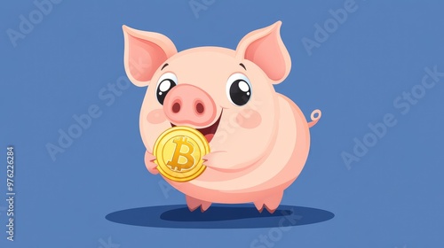 A cute cartoon piggy bank holding a bitcoin coin.