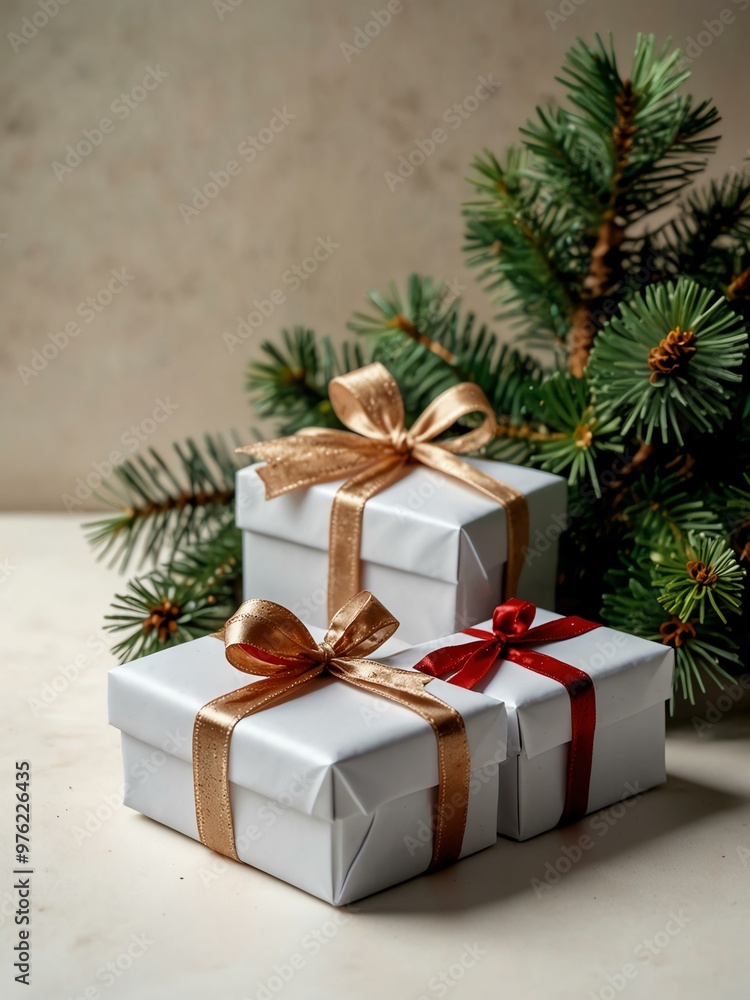 Two gift boxes tied with ribbons, accompanied by a fir branch and Christmas decorations, displayed on a white background. Two gift boxes tied with ribbons, accompanied by a fir branch and Christmas decorations, displayed on a white background.