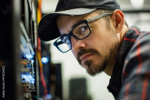 Focused technician examining server room equipment with precision and care