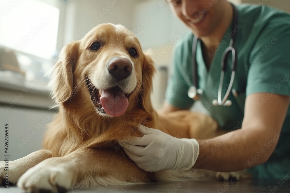 Golden retriever receiving veterinary care with smiling vet at clinic Golden retriever receiving veterinary care with smiling vet at clinic
