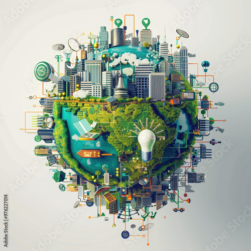 world globe city technology environment buildings innovation sustainability digital urban ecosystem smart city modern tech nature future infrastructure energy green