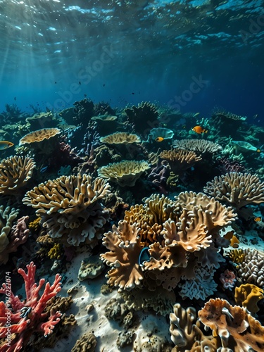 Underwater coral reef in clear blue water.