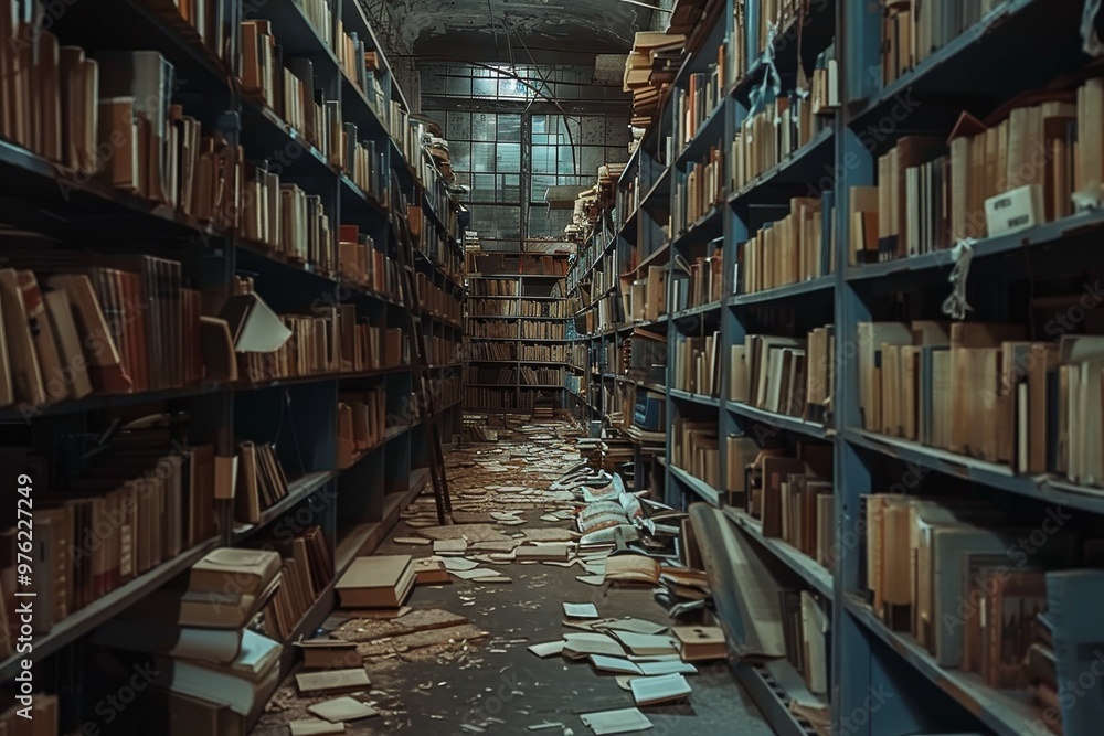 Obraz premium Dust gathers on the floor and shelves, where countless forgotten books line the walls, creating an atmosphere of nostalgia in a long-abandoned library.