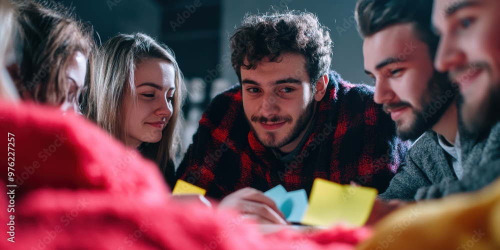 Obraz premium A group of young adults are sitting together and collaborating on a project, using colorful sticky notes, fostering teamwork and creativity in a casual setting.