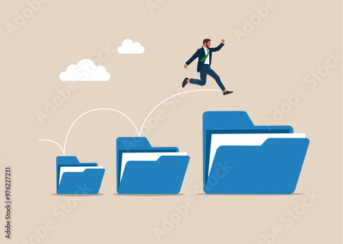 Businessman jumping from small to the big folder. Career growth development plan, job promotion. Modern vector illustration in flat style. 