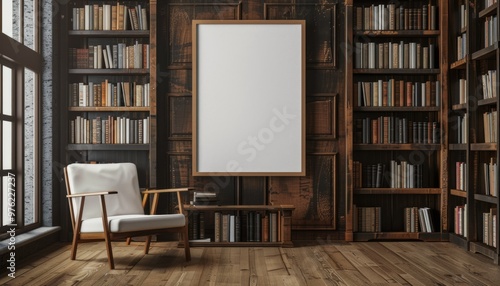 Sleek modern library with a framed poster mockup, embodying literature, knowledge photo