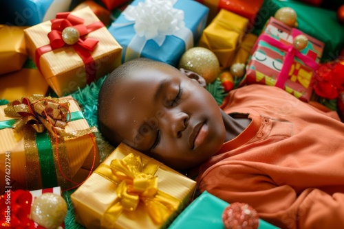 Tender bald boy breathes quietly wrapped dreaming youth. Beautiful small black child sleeps dreams unfolding peacefully. Serene rest of child symbolizing universal peace and gentle human spirit. photo