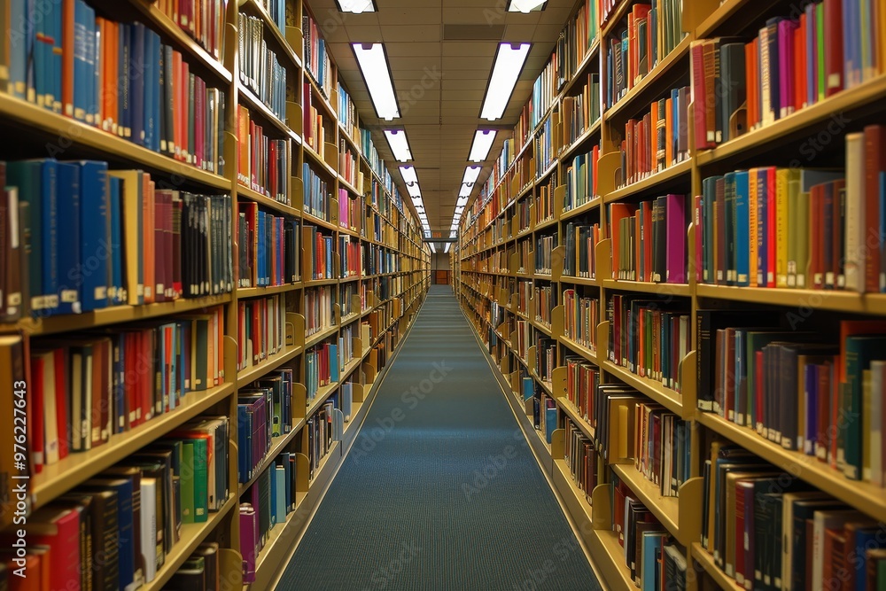 Rows of vibrant books line both sides of a wide hallway in a library, inviting visitors to explore the extensive collection under bright overhead lights. Rows of vibrant books line both sides of a wide hallway in a library, inviting visitors to explore the extensive collection under bright overhead lights.