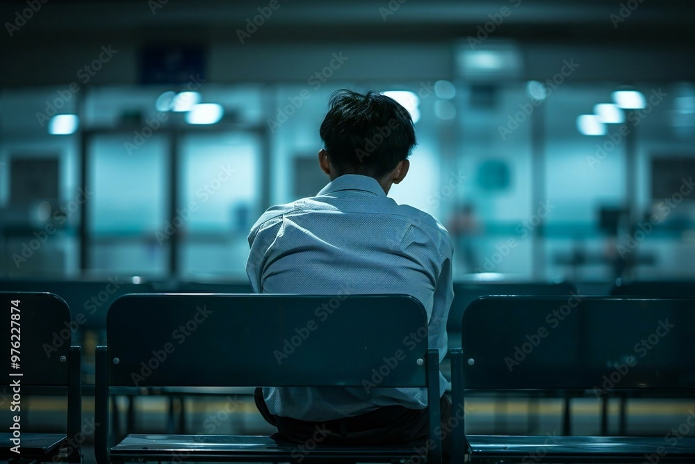 man sitting alone in a dark, moody office, visibly struggling with self-impostor disorder, depression, panic, and phobias. man sitting alone in a dark, moody office, visibly struggling with self-impostor disorder, depression, panic, and phobias.