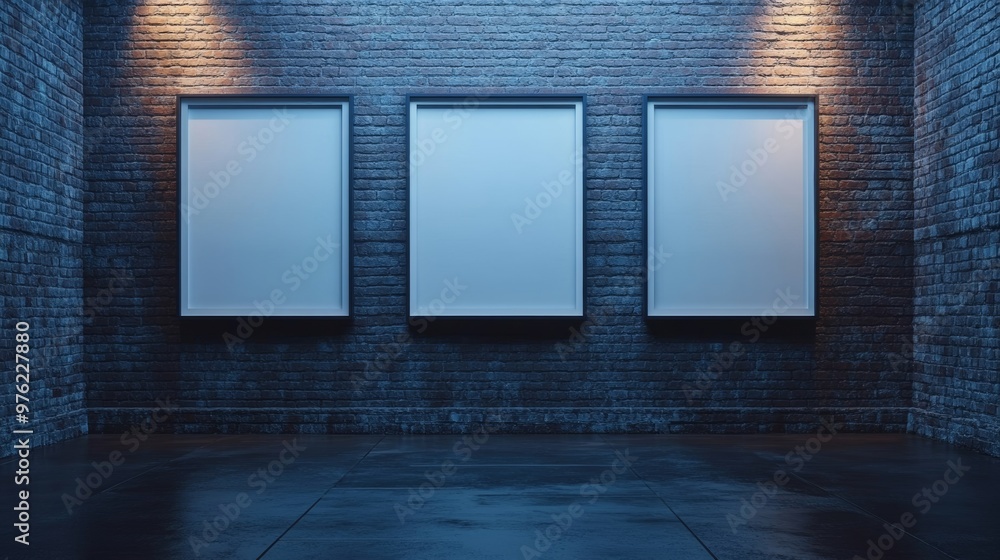 three blank picture frames on a brick wall, gallery setting. contemporary art exhibition concept three blank picture frames on a brick wall, gallery setting. contemporary art exhibition concept