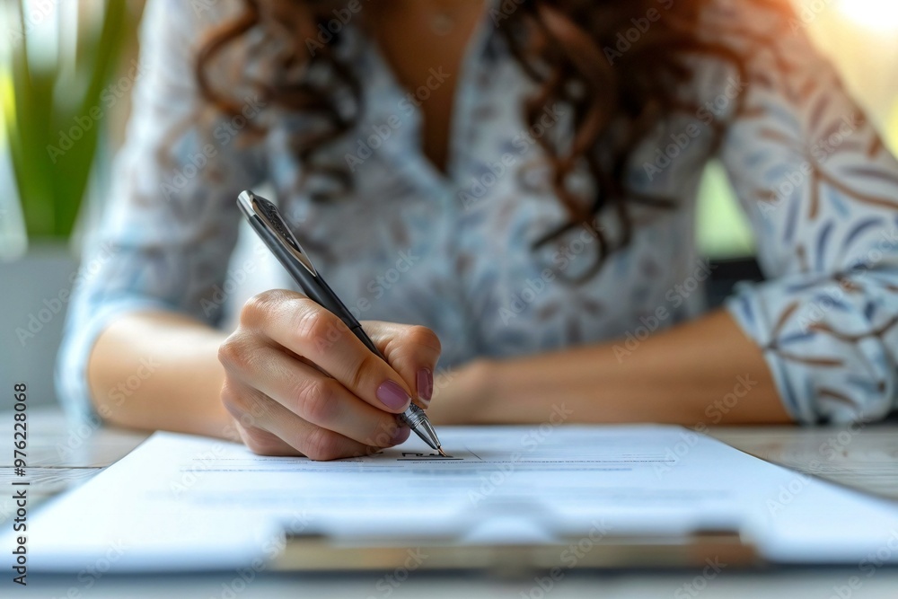 close-up of a businesswoman's hand signing a contract with a pen over a desk in an office setting. close-up of a businesswoman's hand signing a contract with a pen over a desk in an office setting.