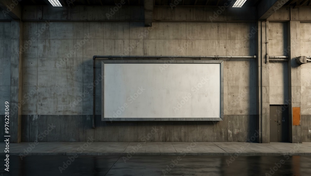 Urban industrial facade with a blank white billboard and concrete walls. Urban industrial facade with a blank white billboard and concrete walls.