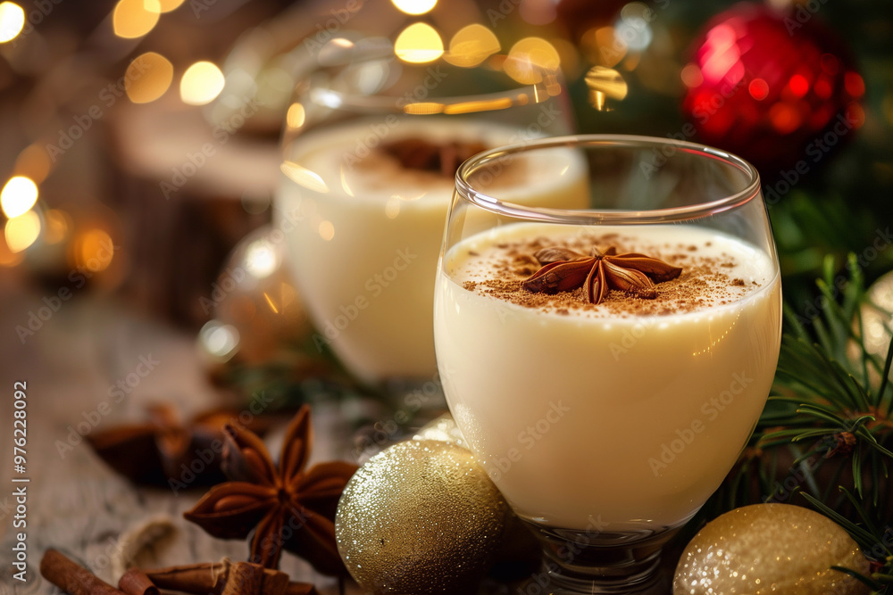 Homemade eggnog with cinnamon in glass. Typical Christmas drink Homemade eggnog with cinnamon in glass. Typical Christmas drink