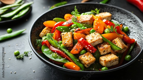 Stir-fried tofu with colorful bell peppers and peas in a black bowl.