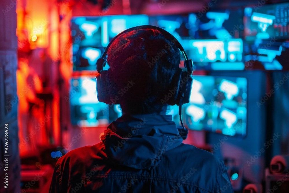 The photo idea is a rear view shot of a male operator wearing headphones, looking at multiple camera footage on a computer in a surveillance room. The photo idea is a rear view shot of a male operator wearing headphones, looking at multiple camera footage on a computer in a surveillance room.