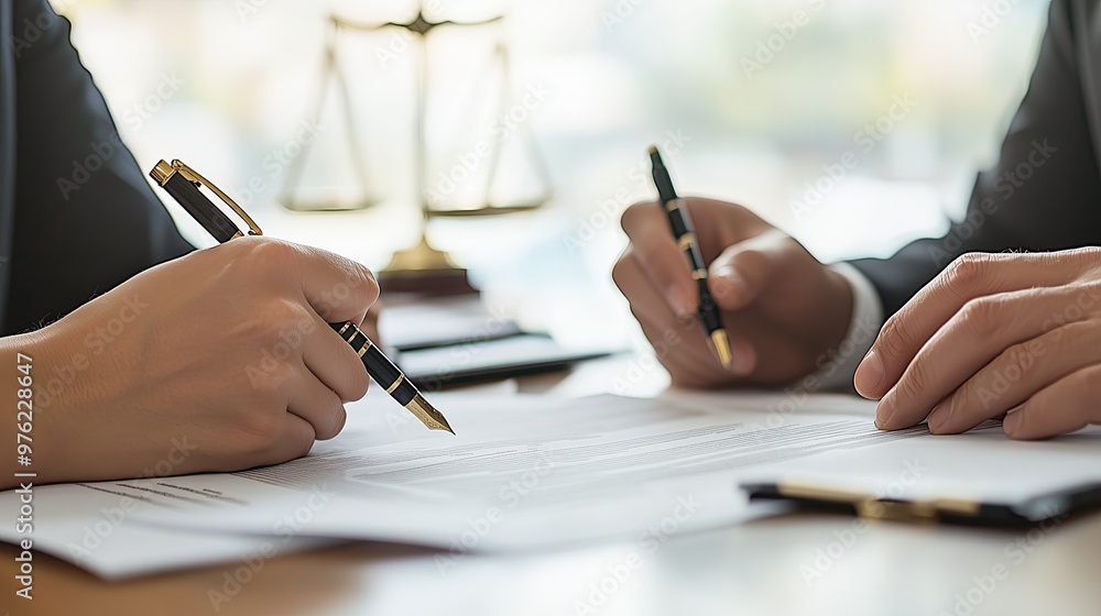 Lawyer and client discussing terms of deal with documents on table Lawyer and client discussing terms of deal with documents on table
