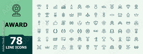 Award icons set. Certificate, winner medal, and Trophy reward, cup. Vector illustration.