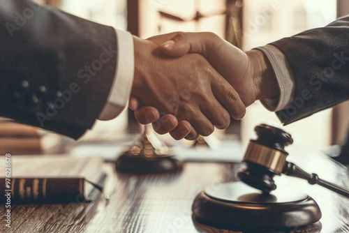 close-up shot of two businesspeople shaking hands under a wooden table, exchanging a bribe, with a gavel and business sign in the background.