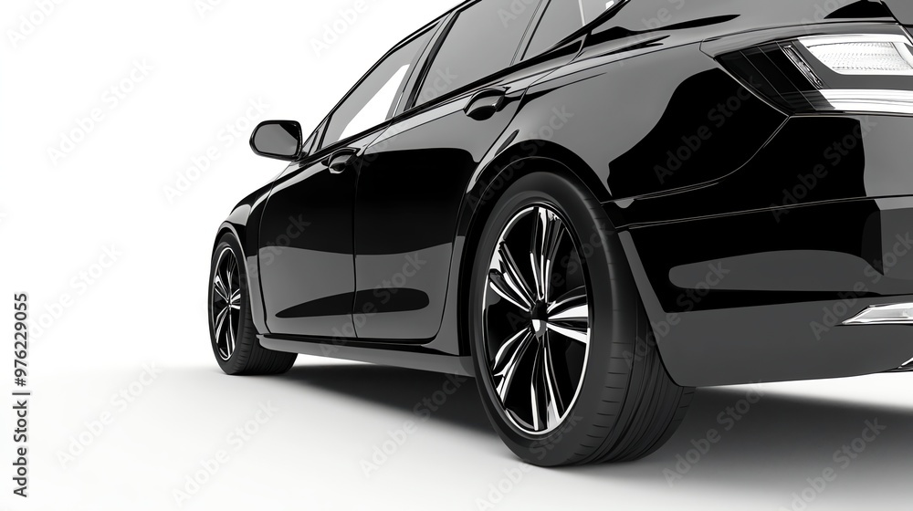 Black sedan with shiny paint and chrome accents. Black sedan with shiny paint and chrome accents.