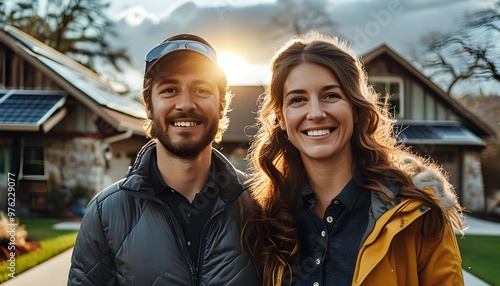 Joyful couple in driveway of modern home featuring solar panels, embracing sustainability and happiness photo