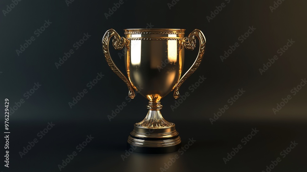 A gleaming golden trophy with ornate handles. A gleaming golden trophy with ornate handles.