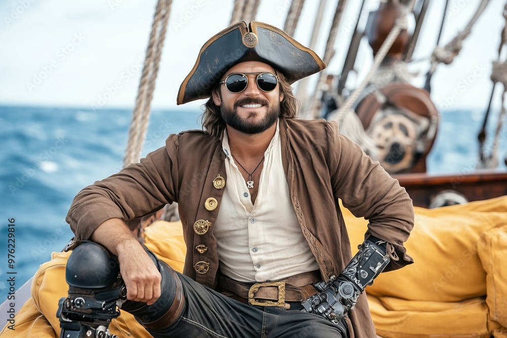 Captain of His Own Destiny: A charismatic pirate captain with a prosthetic arm, radiating confidence and swagger aboard his ship on the high seas. Captain of His Own Destiny: A charismatic pirate captain with a prosthetic arm, radiating confidence and swagger aboard his ship on the high seas.