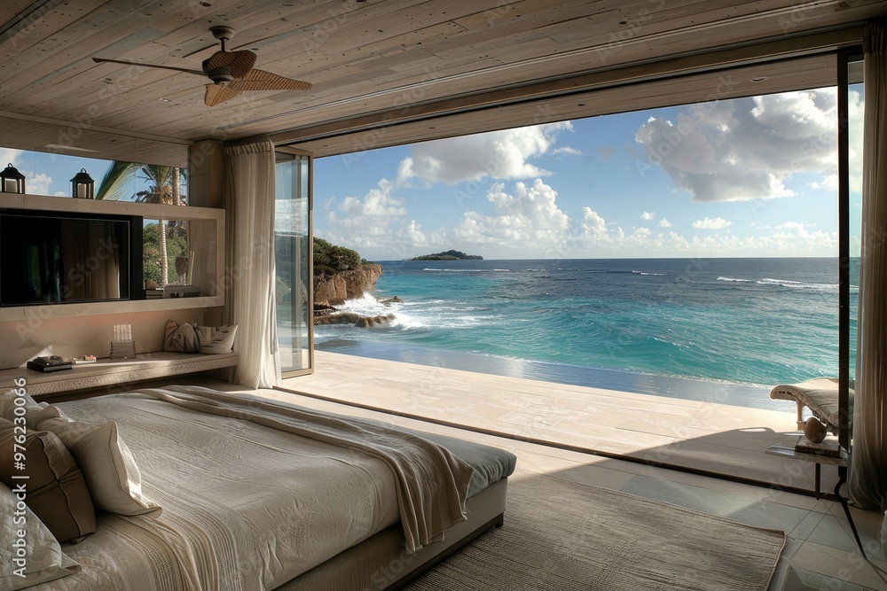 Fototapeta premium An inviting bedroom blends indoor comfort with breathtaking ocean vistas, showcasing clear blue waters and a tranquil shoreline on a sunny afternoon.