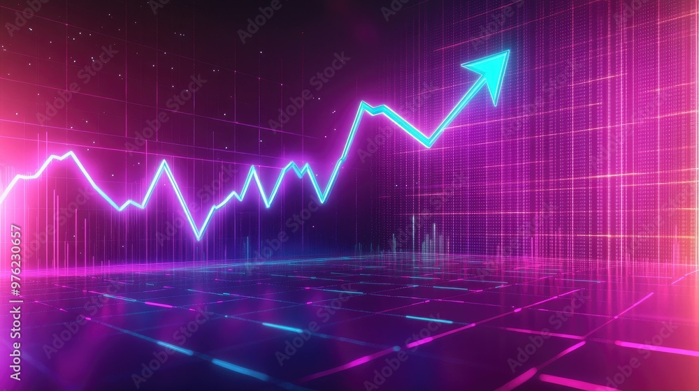 Neon pink and blue glowing arrow pointing upward on a digital grid, showing an upward trend. Neon pink and blue glowing arrow pointing upward on a digital grid, showing an upward trend.